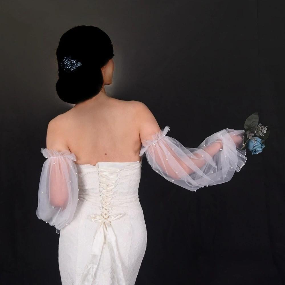 Decorative with Pearl Bridal Sleeves Wedding Dress Elastic Cuff Wedding Arm Sleeves Puffy Tulle Sleeve Party