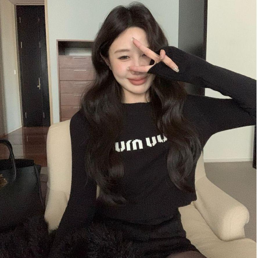 

Свитер с длинным рукавом и вышивкой букв, Женский теплый вязаный свитер, Короткий топ one size чёрный