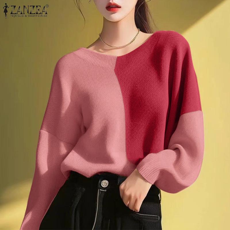 ZANZEA Women Casual Round Neck Long Sleeve Colorblock Knitted T-Shirts