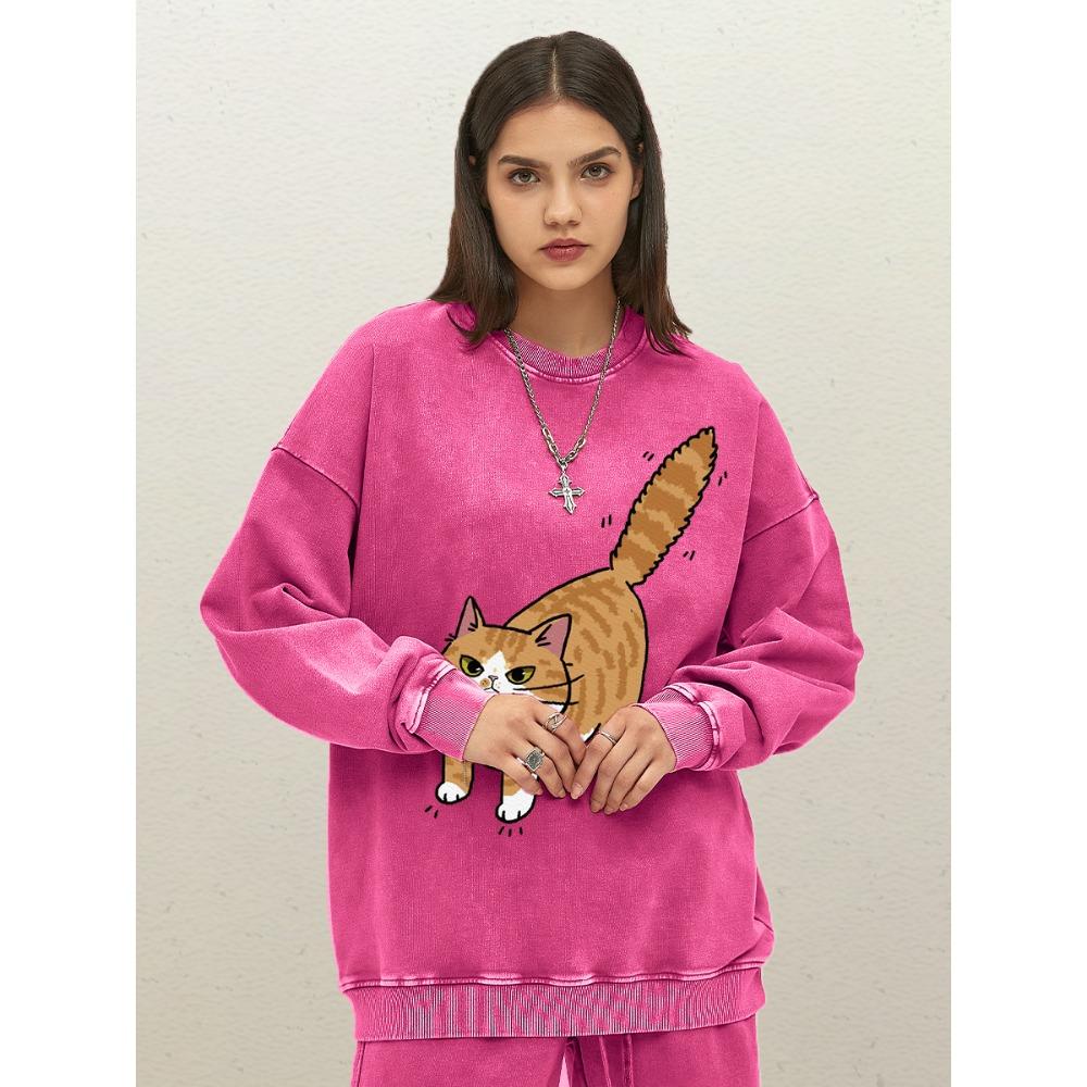Cartoon Cat In Defense Mode Design Women Washed Sportswear Cotton Oversize Pullover Crewneck Woman Sweatshirt Autumn Tops