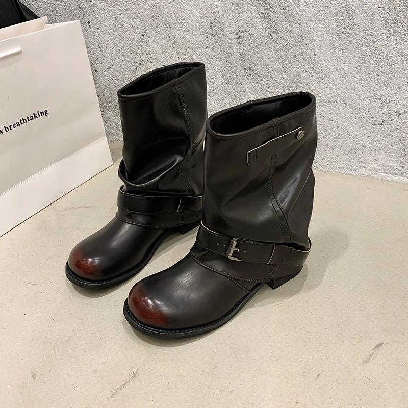 Autumn Winter Thick Heel Women Western Cowboy Boots Fashion Belt Buckle Slip On Shoes Ladies Vintage Pleated Short Booties