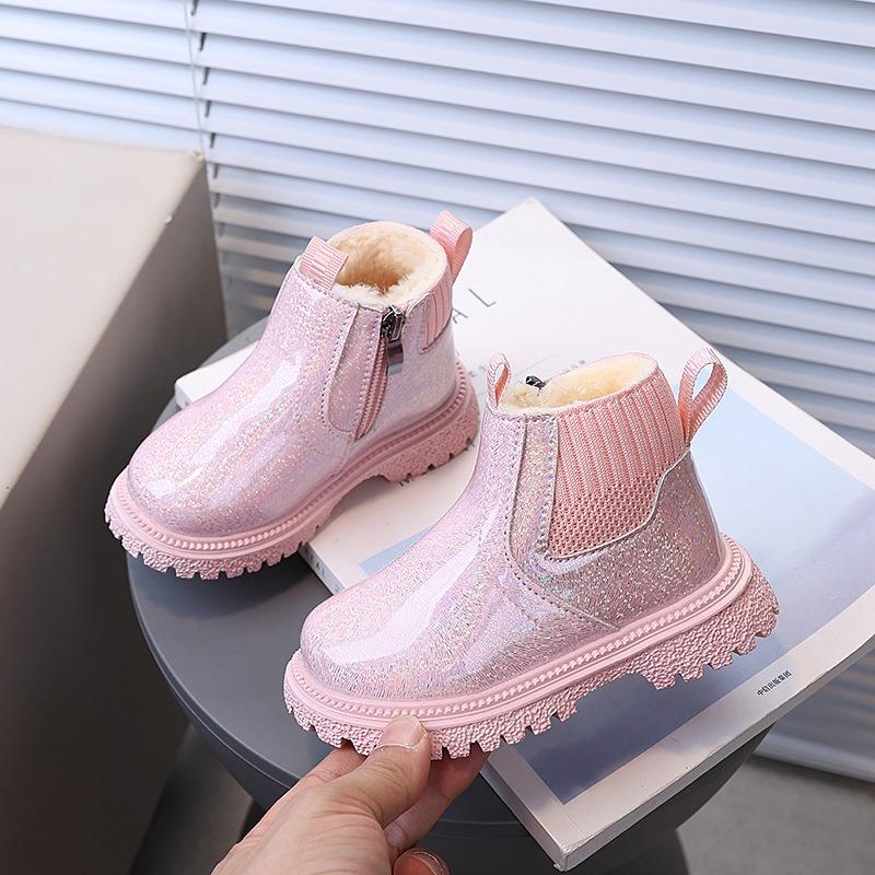 New Children's Fashion British Style Ankle Boots Boys Side Zipper Versatile Martin Boots Girls Soft Sole Fleece-Lined Fashion Boots