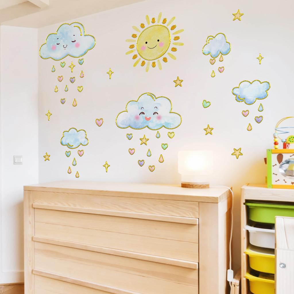 Tj9004 Cute Sun Cloud Love Rain Bronzing Wall Sticker Decoration Living Room Bedroom Background Self-Adhesive Wall Sticker
