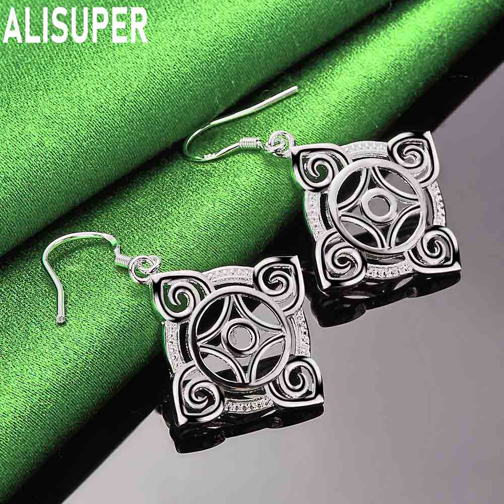 925 Sterling Silver Auspicious Square Ruyi Openwork Earrings - Fashion Gift Jewelry