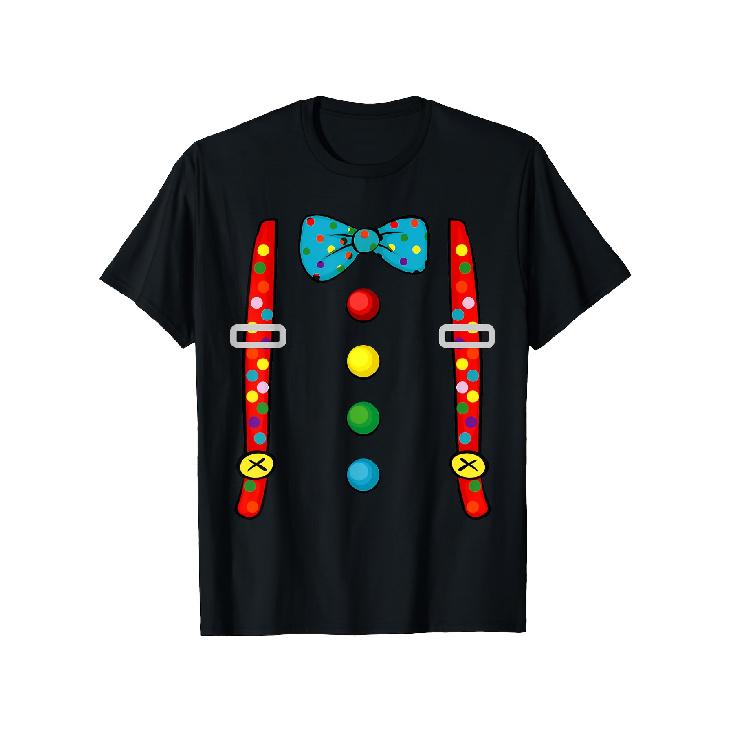 Adult s Funny Circus Clown Costume T-Shirt with Suspenders, Red & Yellow Stripes, Polka Dots & Bow Tie - Soft Breathable 100% Carnival Outfit for S чёрный