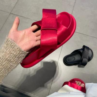 Damen Hausschuhe 2025 Sommer Neu Rundköpfige Einteilige Hausschuhe Damen Echtes Leder Französische Große Schleife Dick Besohlte Damenschuhe