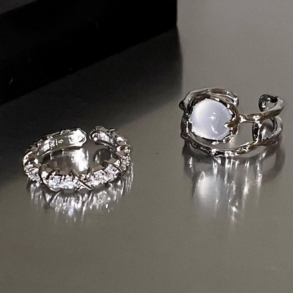 Light luxury moonstone ring, women's diamond-set open ring, niche design, plain ring, index finger ring, two-piece set, ring, none.
