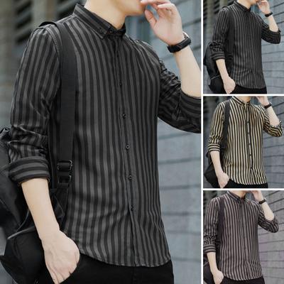 Men Shirt Formal Single-breasted Stripe Turn-down Collar Business Shirt for Work