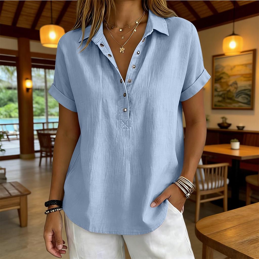 Womens Loose Fit V Neck Blouse Casual Cotton Linen Short Sleeve Shirt Button Down Lightweight Top for Daily Wear