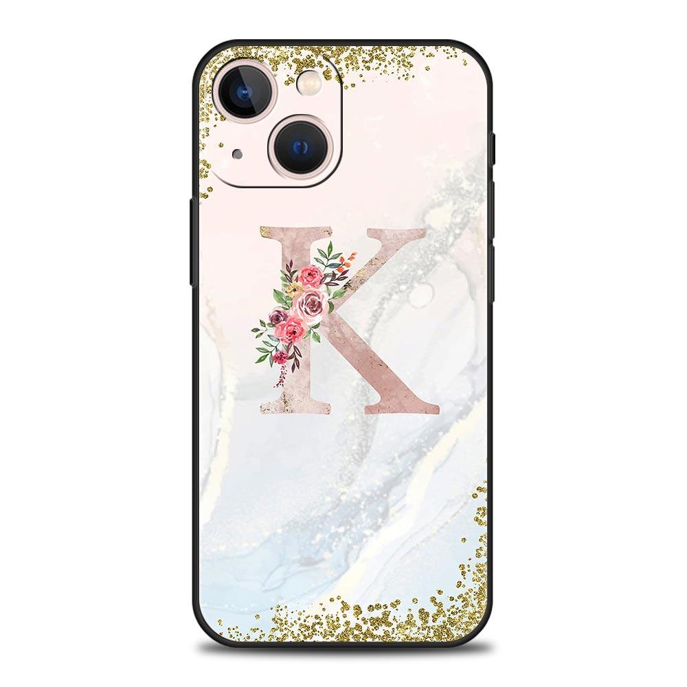 Flowers Letter Phone Case For iPhone 17 16 15 Pro Max 11 12 13 14 7 8 Plus SE 2020 X XR XS Cover Soft Black