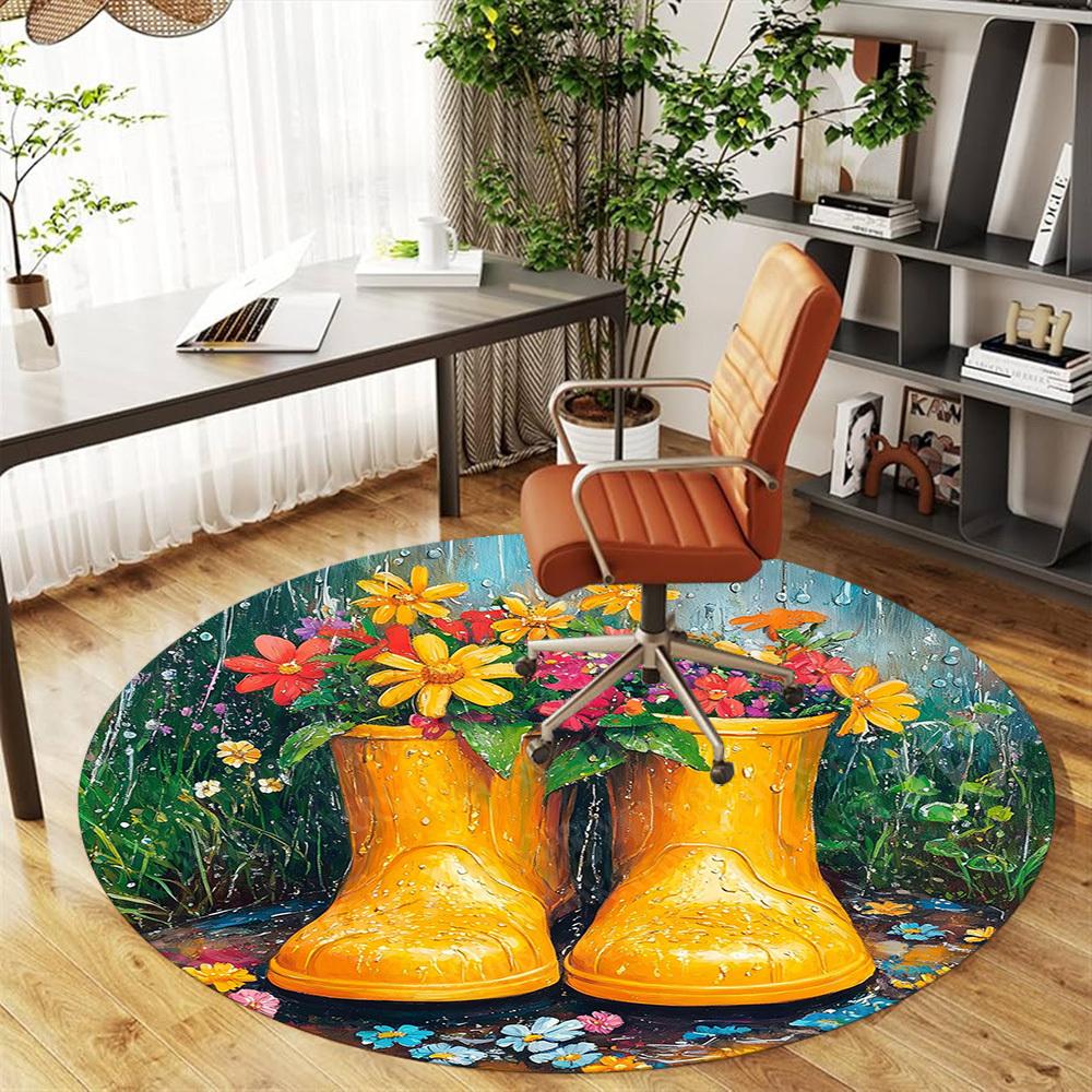 1PC Rain Boots Flowers Office Round Area Rug, Under Office Chairs Bedroom Living Room Home Decor, Carpet for Office -1110091
