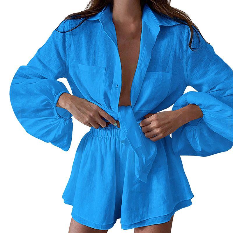 

Шорты с оборками и комплект с длинными рукавами, однотонный, с оборками, шорты, костюм с длинными рукавами, женский Blue S(S)