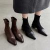 Temperament pointed short boots women's new leather boots thick heel medium heel elastic short women's boots thin boots