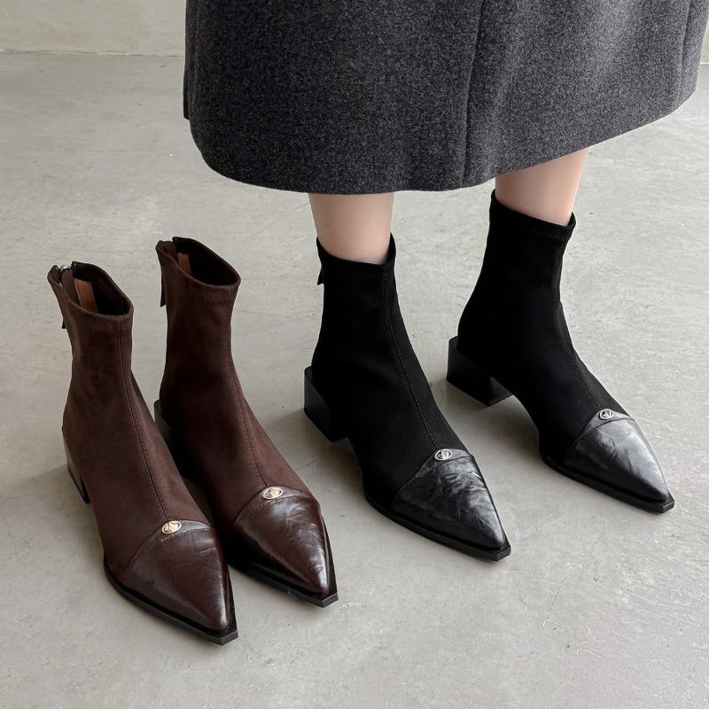 Temperament pointed short boots women's new leather boots thick heel medium heel elastic short women's boots thin boots