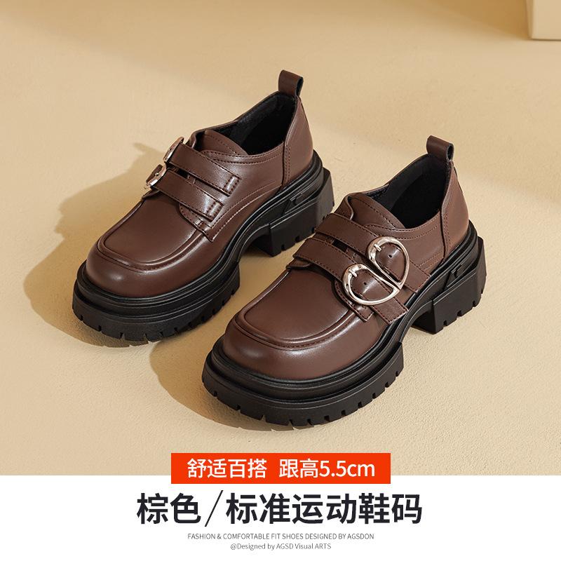 Augustine muffin small leather shoes women's platform 2025 new spring black loafers retro British style single shoes
