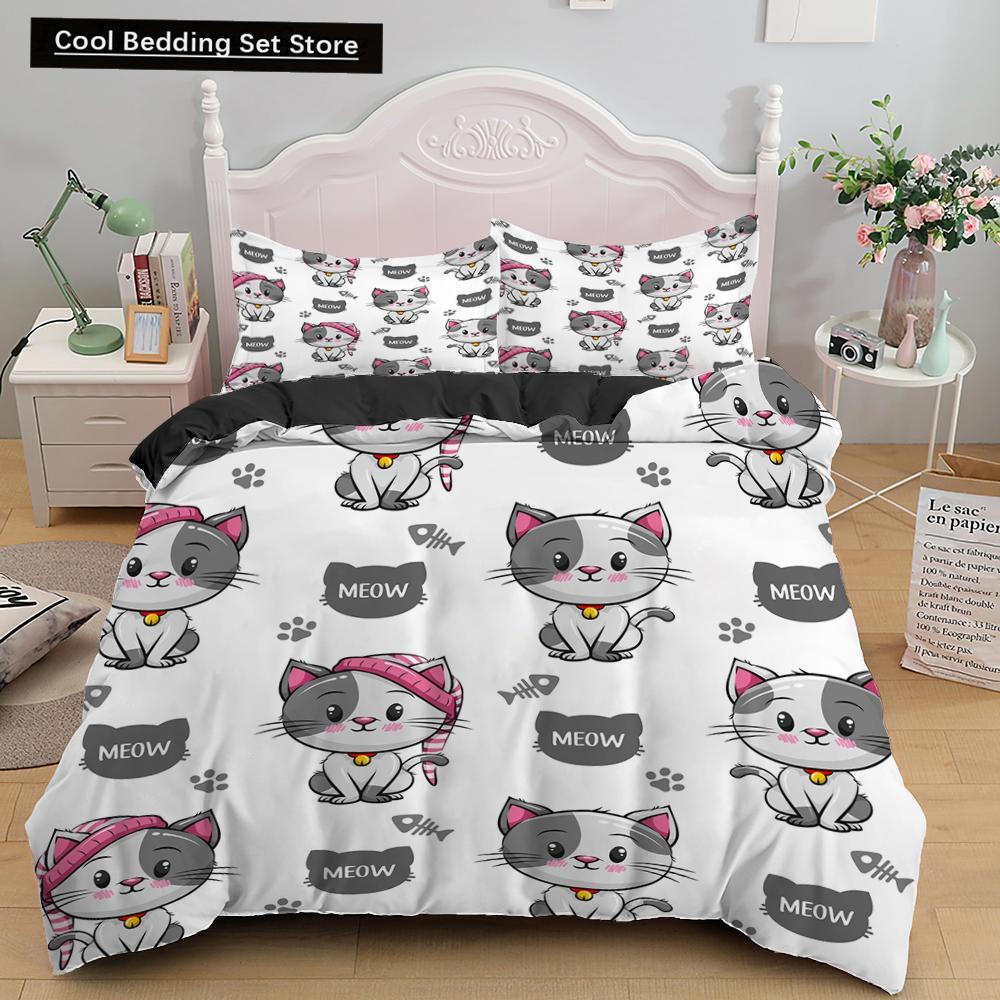 3D Cat King Queen Duvet Cover Cute Cartoon Kitty Bedding Set for Kids Teens Adults Pet Animal White 2/3pcs Polyester Quilt Cover