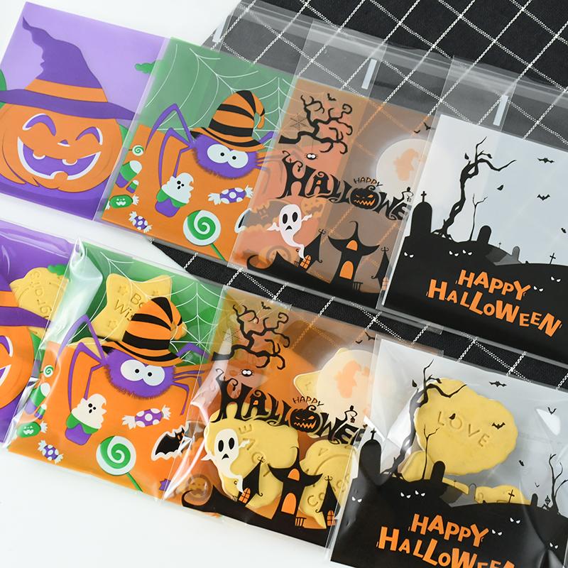 100pcs Halloween Plastic Happy Halloween Transparent Pumpkin Ghost Candy Self-adhesive Plastic Baking Cookie