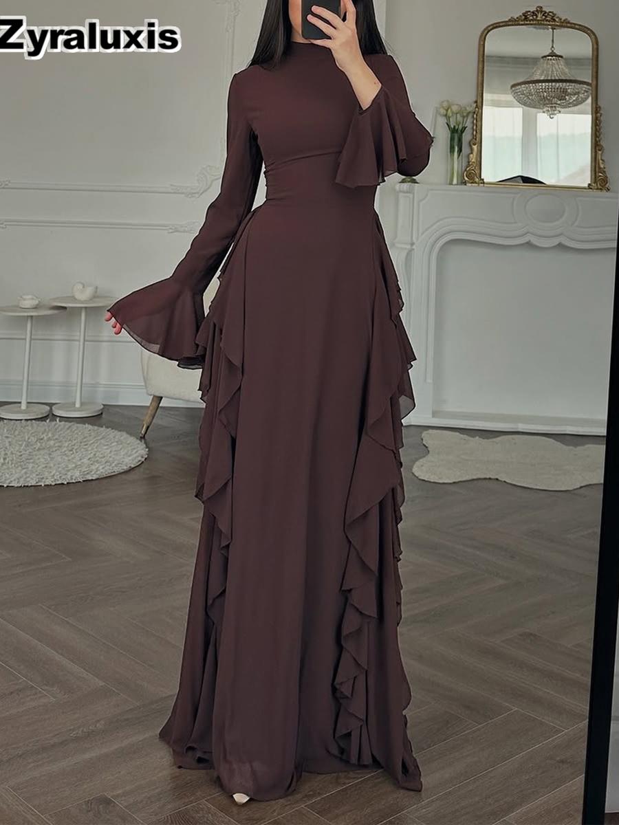 New Women s Elegant Casual High Waist Solid Color Bell Sleeve Dress S коричневый