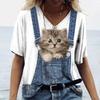 Sommer Damen V-Ausschnitt T-Shirt Niedliche Katze Orangescheiben Aufdruck Lässig Locker Kurzarm Top
