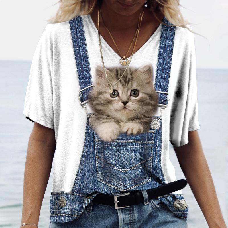 Sommer Damen V-Ausschnitt T-Shirt Niedliche Katze Orangescheiben Aufdruck Lässig Locker Kurzarm Top