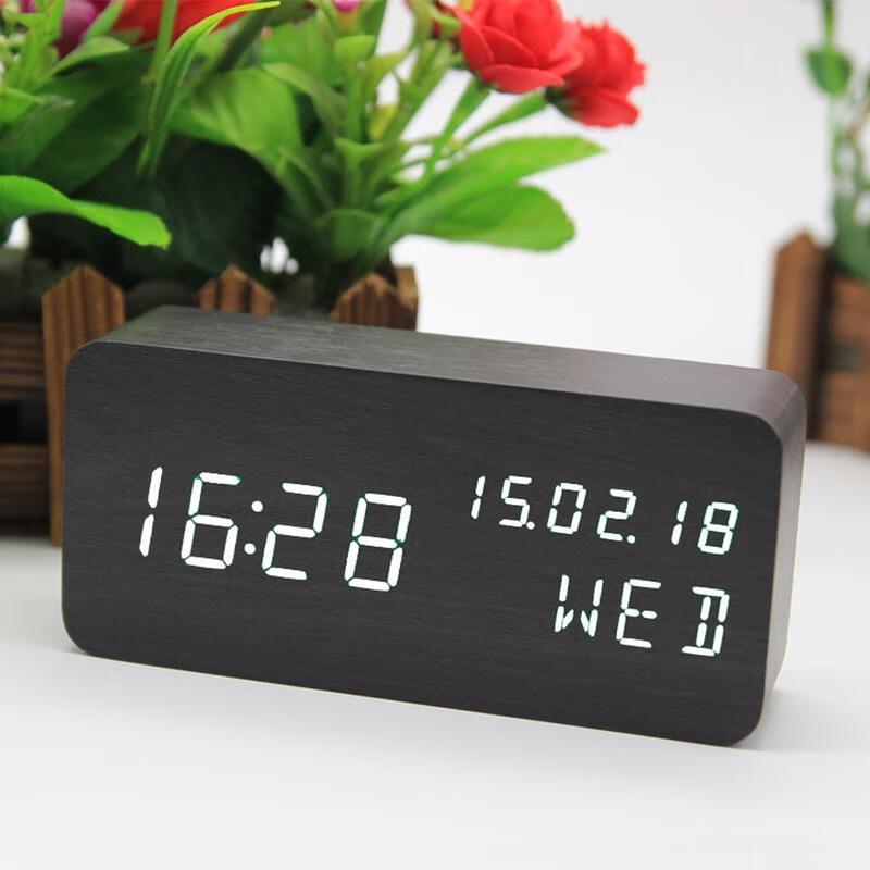 HANDUNYOU Creative Wooden LED Alarm Clock with Calendar