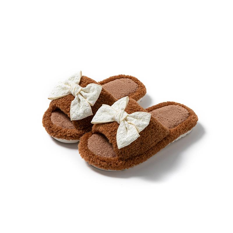 Bow Open Cotton Slippers Warm Fluffy Slippers Home Plush Slippers