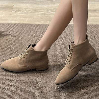 Shoes for Women  Hot Sale Winter Women's Boots Mid-Calf Solid Color Pointed Toe Flock Mid Heel Lace Up Zapatillas De Mujer