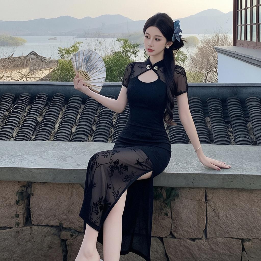 New Chinese-style improved cheongsam dress femininity slim and thin sexy split waist long evening dress skirt