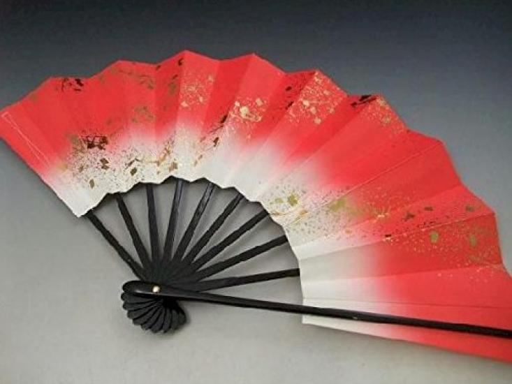 Dance Fan Flowing Water Black Lacquered Fan for Dancing "Ai" (Love), 1200-1529, Design, Gradient, 9.5 Inches, Bone, Box, (Red)