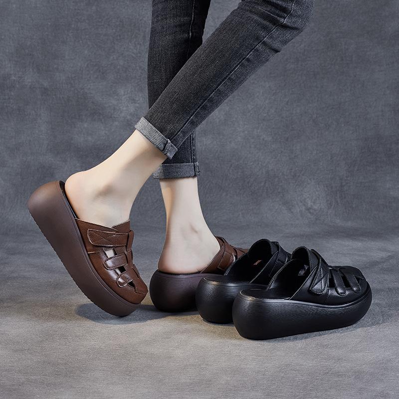 Mode 6CM Neues Design Damen Hausschuhe Sommer Slingback Sandalen Runde Zehe Echtes Leder Plateau Keilabsatz Retro Draußen Lässige Pantoletten