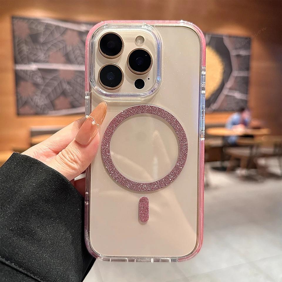 Glitter Color Blocking Magnetic Phone Case For iPhone 16E 15 14 13 12 11 16 Pro Max 15 16 Plus Luxury Protector Shockproof Cover
