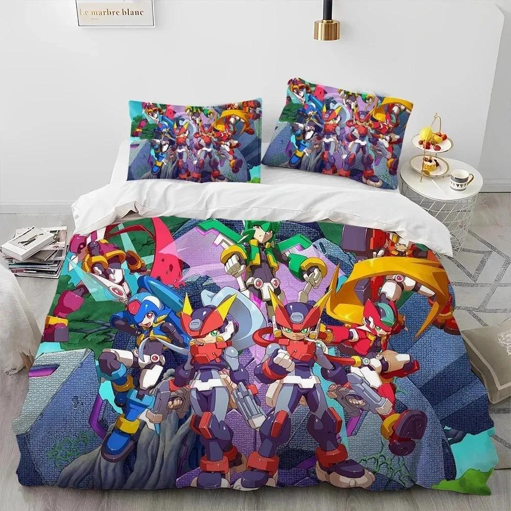 3D Rockman Megaman Spiel Cartoon Bettdecke Bettwäscheset, Bettbezug Bettset Steppdecke Kissenbezug, King Queen Size Bettwäscheset Kind