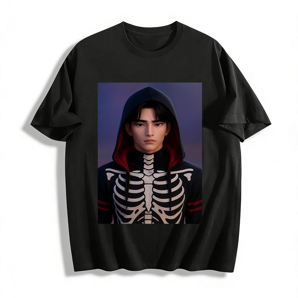 

Men s Dark Style Skeleton Print Hoodie High Neck Contrast Lining Trendy Streetwear Casual Top Pure cotton T-shirt XXS