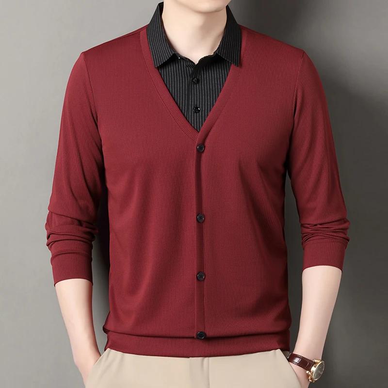 2026 New Men's Fake Two Piece Polo Shirt Casual Fashion Long Sleeve Collar T-shirt Versatile Top