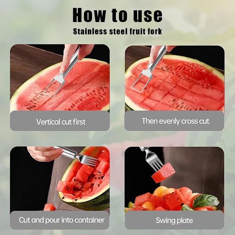 2-in-1 Stainless Steel Fruit Cutters Dual Head Watermelon Fork Cutter Slicer Tool For Home Kitchen Gadget Melon Cube Cutter