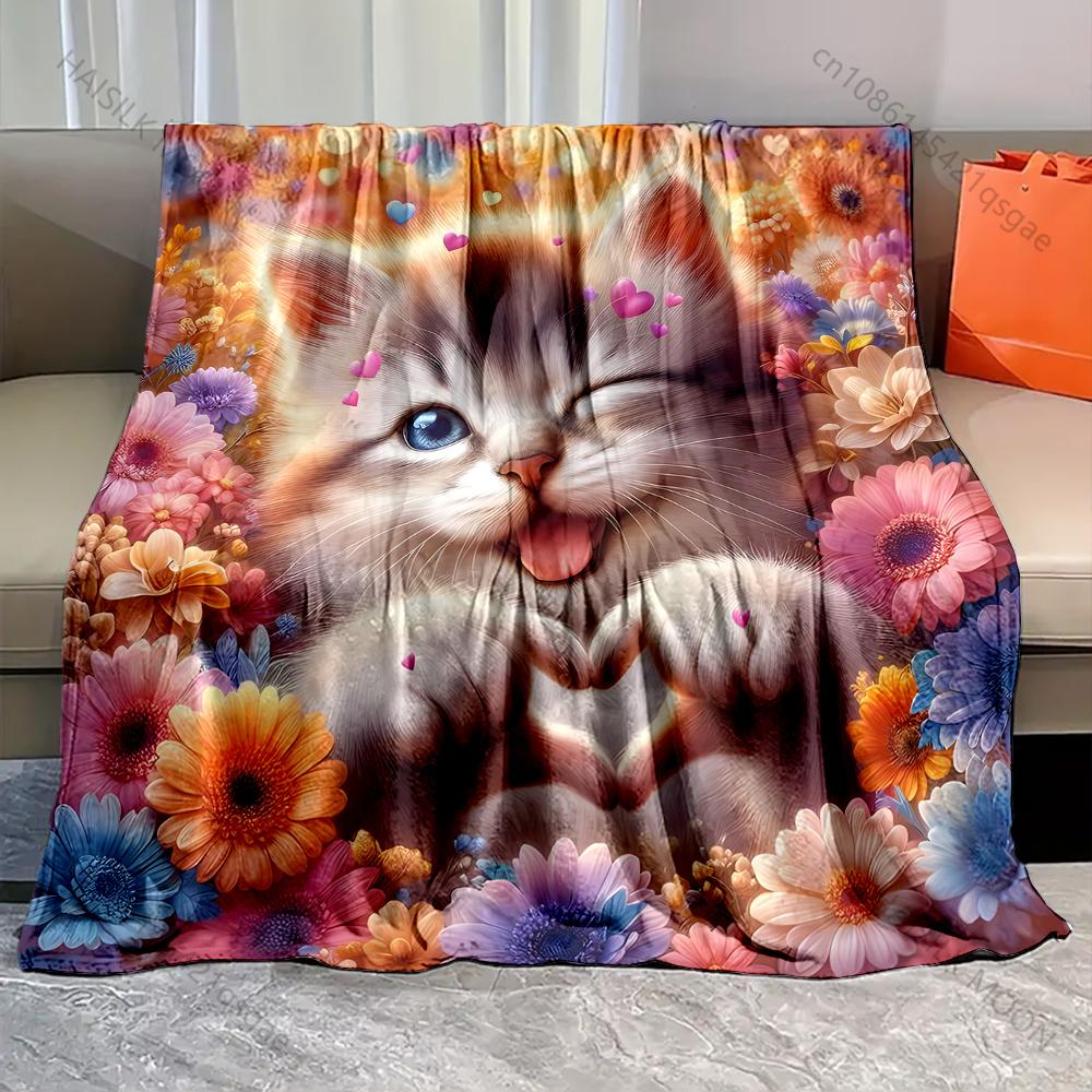 

Kitten Making A Heart Shape Among Flowers Blanket Warm Soft Luxury Gifts for Children Adults Suitable for Home Sofa Bed Travel 75x100cm