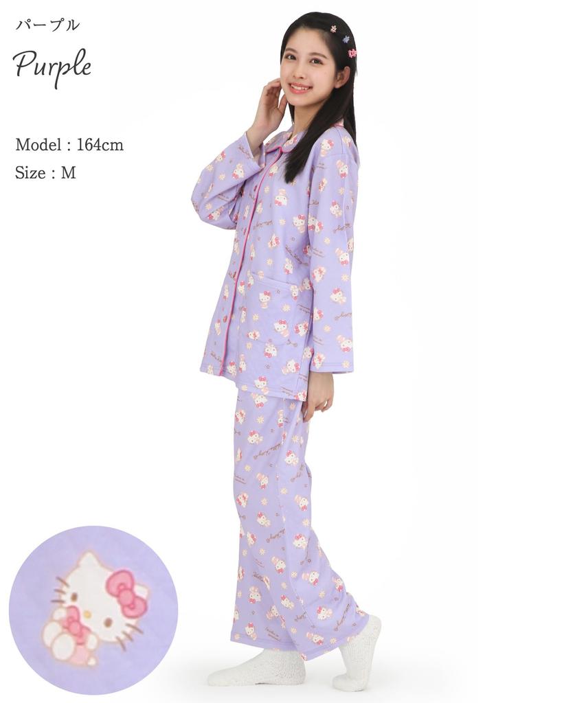 SAZAC Hello Kitty Knitted Quilted Shirt Long Sleeve and Pants Loungewear Women's Pajamas, Set, (Purple/L/SAN1854)