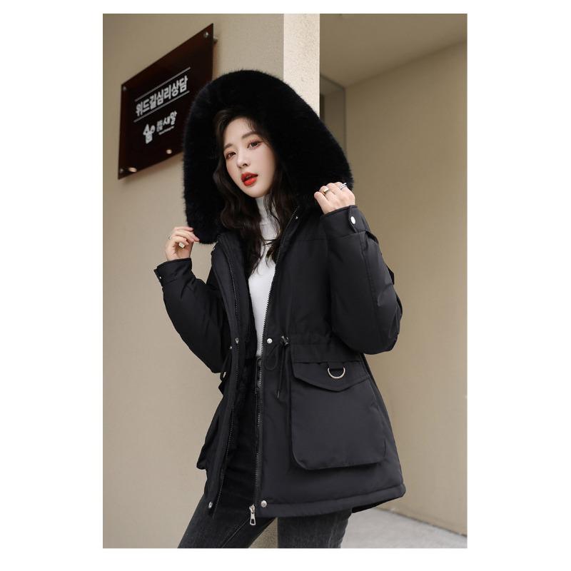 

Fleece thickened coat women s new winter waist medium and long casual hooded parker cotton clothes women M чёрный
