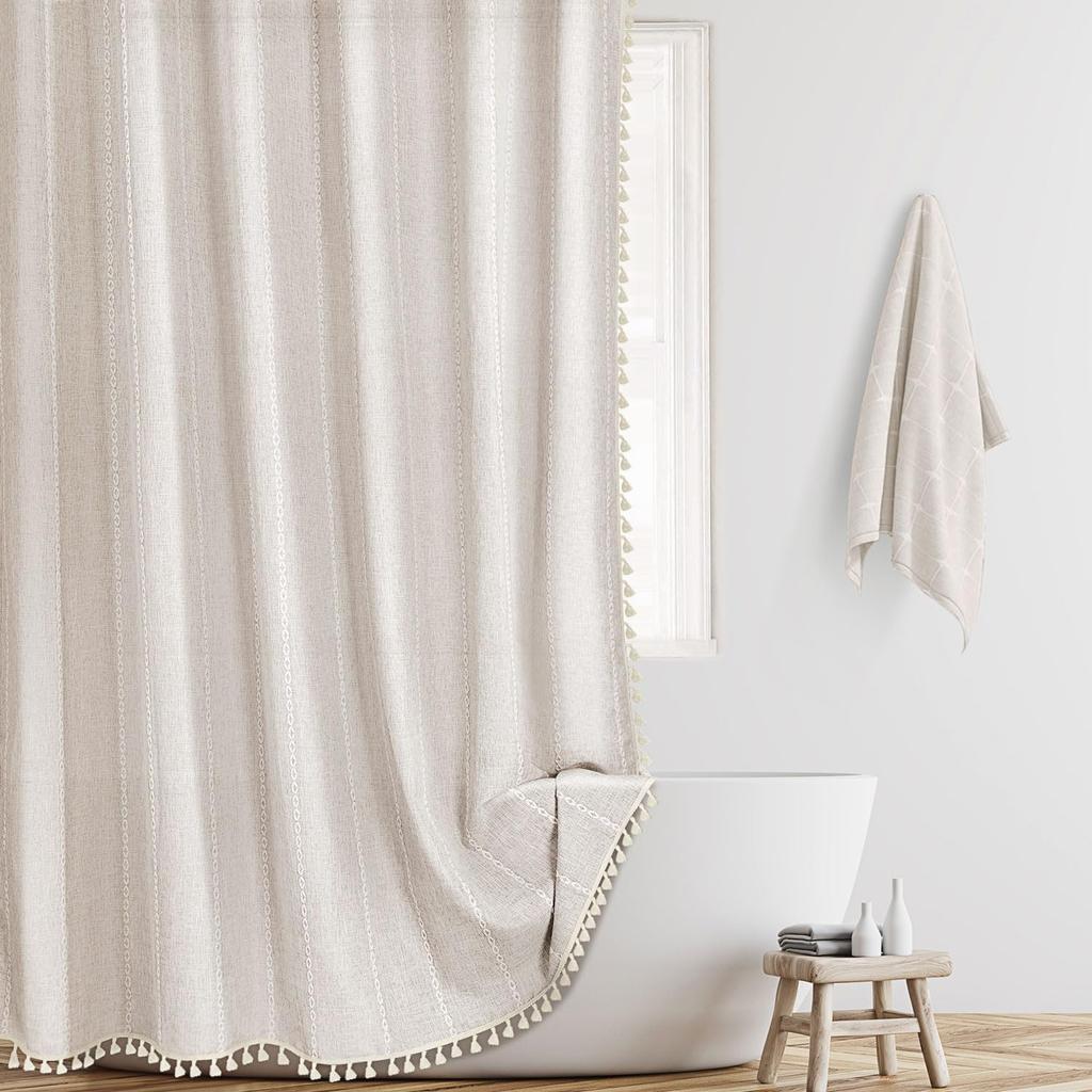 300GSM Thickened Polyester Linen Blend Shower Curtain, Waterproof Lotus Coating, Vertical Stripes with Tassel Hem