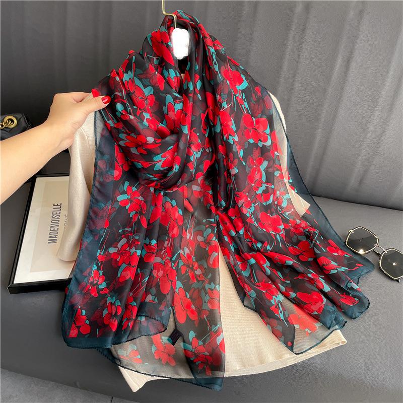 Sunscreen Light Luxury Temperament Flower Simulation Silk Pattern Scarf Silk Scarf Commuting Large Shawl Soft Yarn Scarf Women Large Size