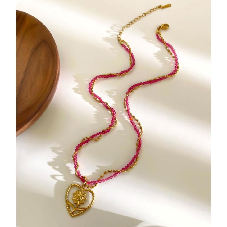 Modern Stainless Steel Necklace with Heart Flower/Grape Charm Crystal Beads Adjustable Closure Neckchain Accessory
