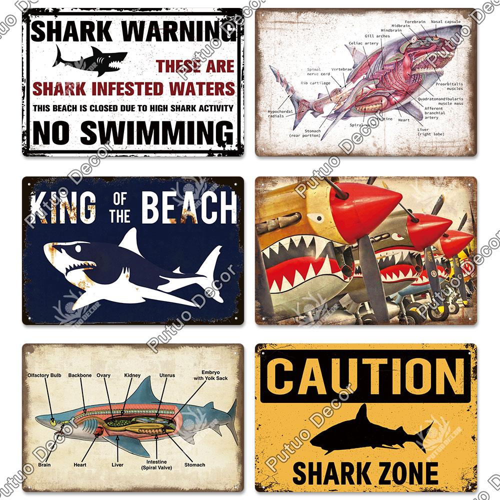 Putuo Decor Shark Sign Metal Signs Vintage Tin Sign Funny Warning Movie Poster for Bar Pub Kitchen Club Man Cave Wall Decoration
