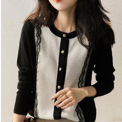 Autumn Women's Sweater Long Sleeve Top Slim Lace Splicing Round Neck Knitted Cardigan
