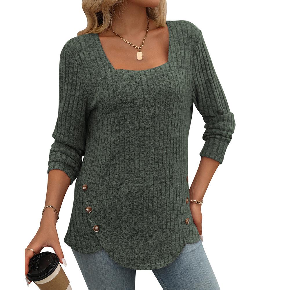 Autumn Women's Buttoned Square Neck Pit Stripe Brushed Solid Long Sleeve Top