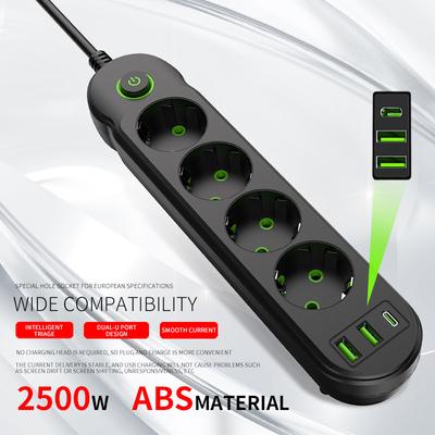 F14U EU-Stecker AC-Steckdose Tragbare intelligente Steckdosenleiste Mehrfach-Verlängerungskabel Steckdose Netzwerkfilter mit 2 USB 1 Typ C