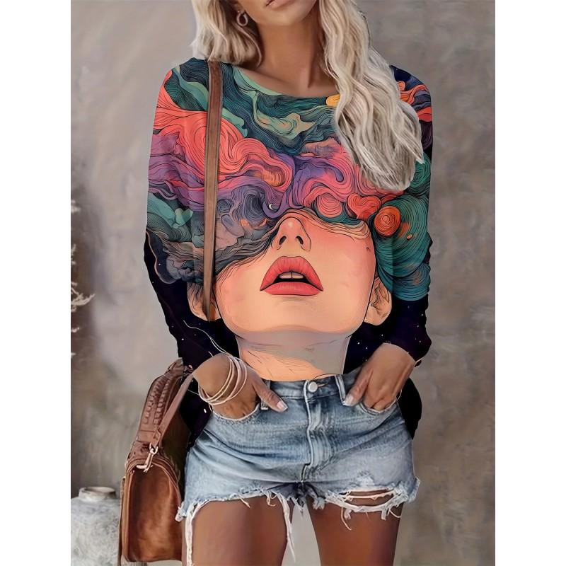 Womens Casual Abstract Print Long Sleeve Crew Neck T-Shirt 3D Effect 2025 Comfort Fit
