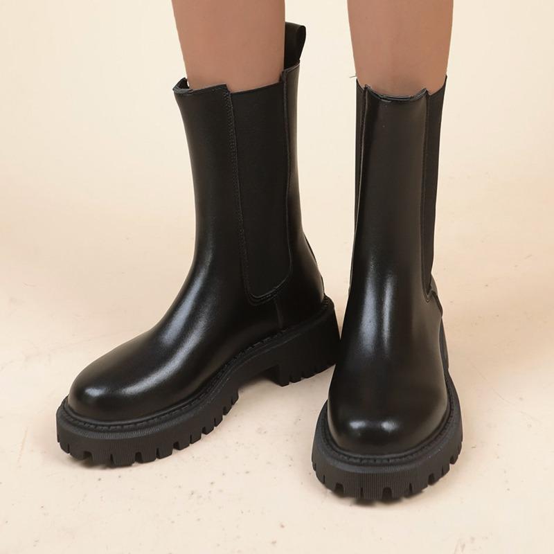 Leather Stretch Single Boots Women's Platform New Round Toe Sleeve Inner Heightening Mid-Tube Booties for Autumn and Winter