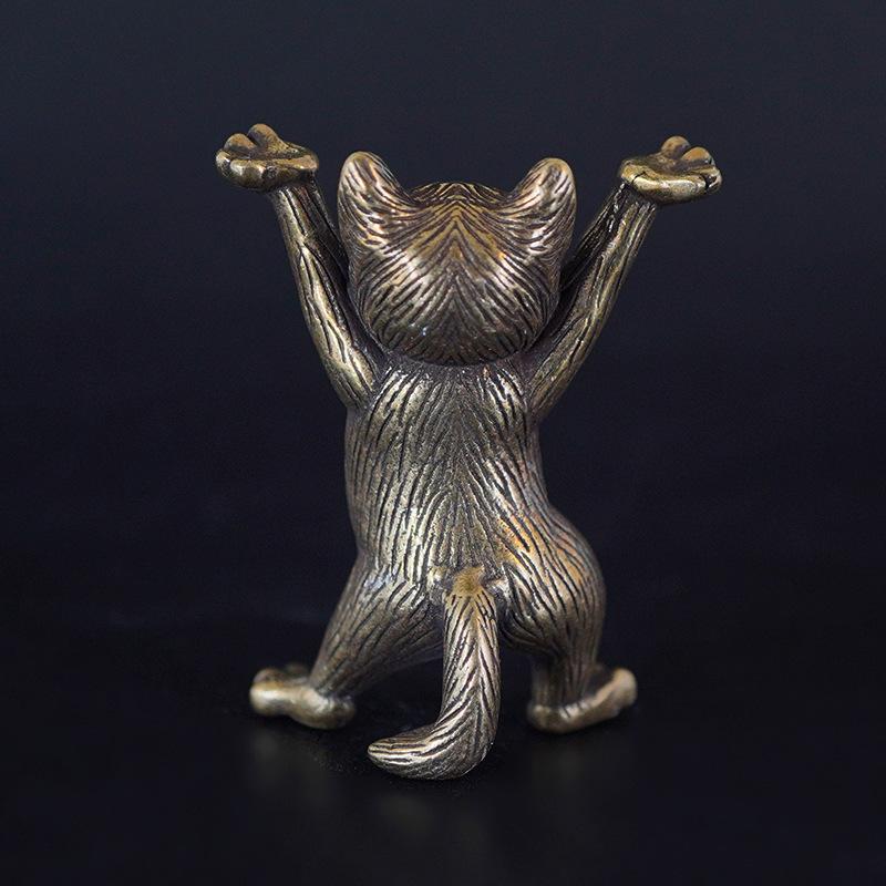 1 Pièce Figurines Animales en Laiton Métal Statue de Chat Kung Fu Dessin Animé Cuivre Antique Ornements de Bureau Miniatures Décoration de Maison