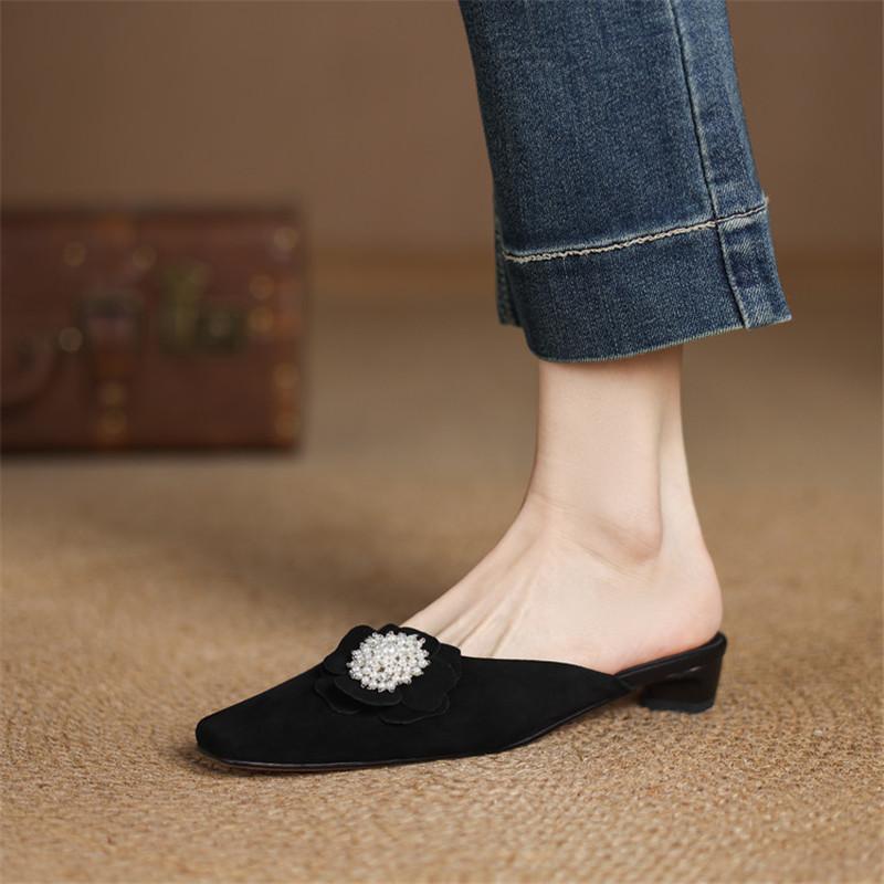 Fashion New Summer Slippers Sheep Suede Slippers for Women Fashion Flower Square Toe Ladies Shoes Low Heels Cover Toe Slippers Sandals
