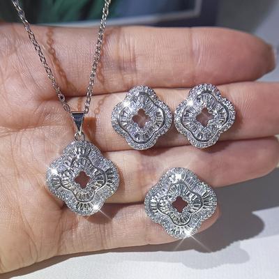 Square 100% AAA Zirconia Ring Earring Necklace Jewelry Set Women's Wedding Dance Fashion Shining Jewelry Gift Set for Women